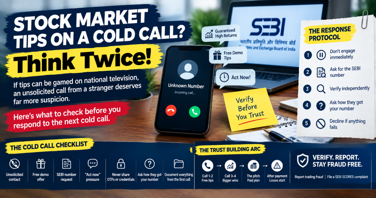 Stock market tips on a cold call showing a verification checklist for unsolicited investment advice
