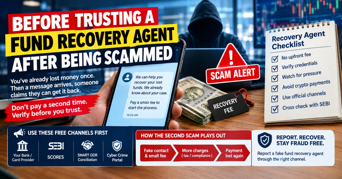 Fund recovery agent scam checklist showing warning signs before paying someone to recover lost money