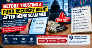 Fund recovery agent scam checklist showing warning signs before paying someone to recover lost money