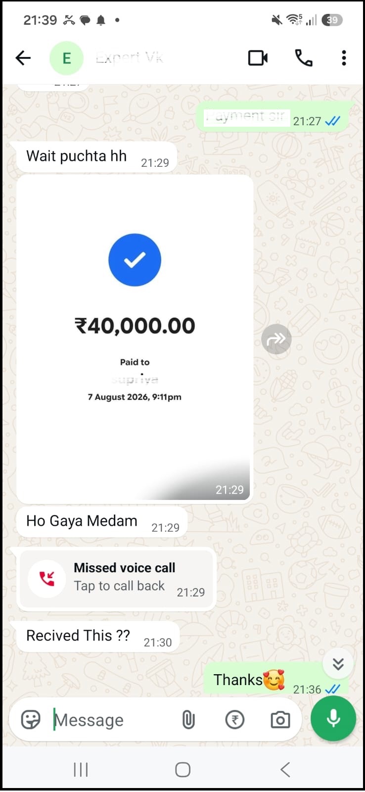 Payment receipt showing a successful ₹40,000 refund recovery for a cybercrime victim.