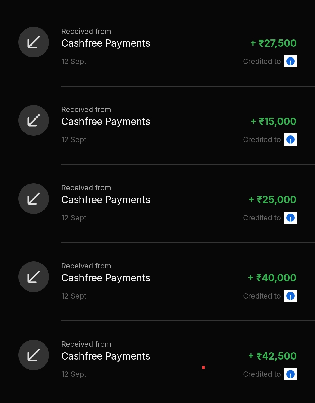 Digital receipt showing a payment received from Cashfree Payments as part of a fee recovery