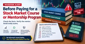 Stock market course and mentorship verification checklist showing warning signs, fake profit testimonials, live stock tips, NISM certification, and SEBI action