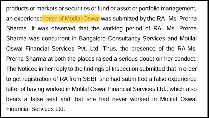 SEBI order extract detailing Prerna Sharma's admission of submitting a fake Motilal Oswal experience letter with a false seal.