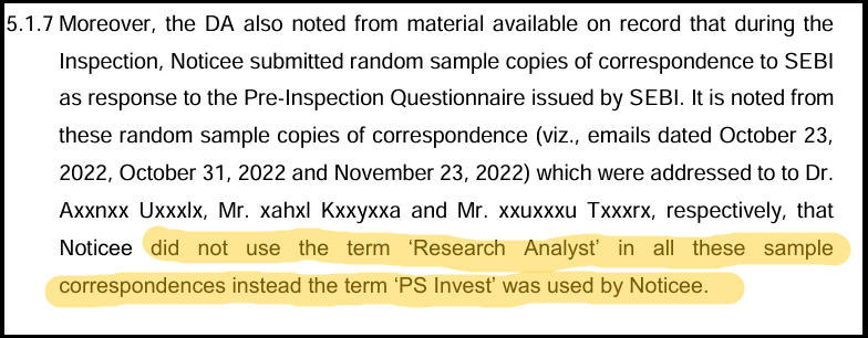 SEBI order extract detailing Prerna Sharma's failure to use the required Research Analyst term in client correspondence, using PS Invest instead.
