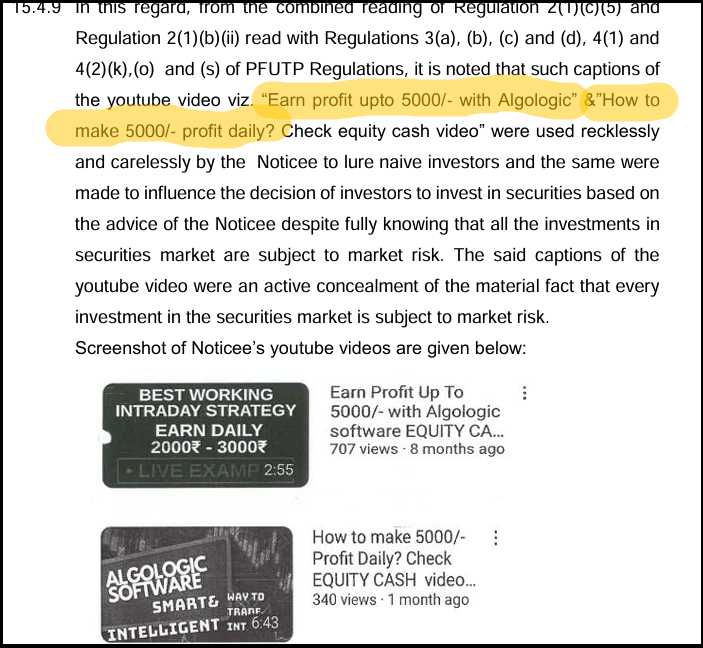 SEBI order extract detailing Prerna Sharma's misleading YouTube video captions