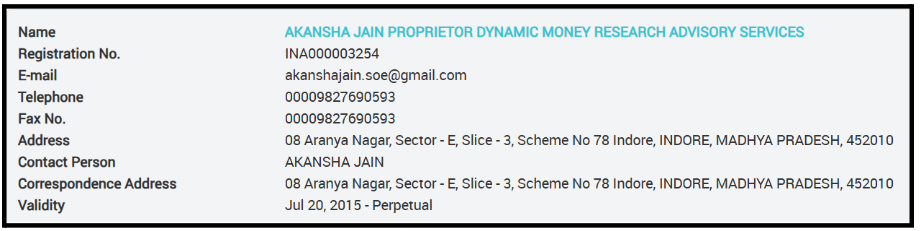 SEBI registration details for Akansha Jain, proprietor of Dynamic Money Research Advisory Services