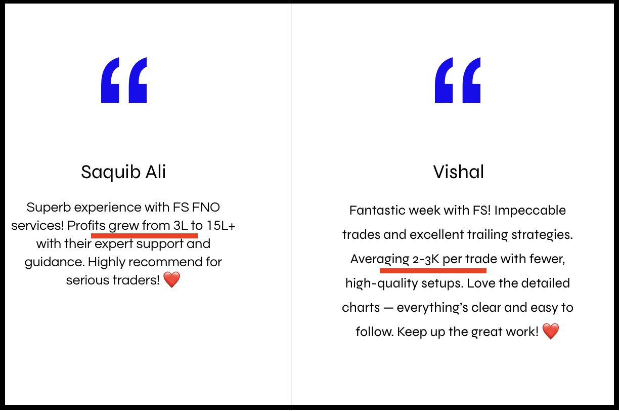 Client Testimonials Displaying Profit Claims on Financial Sarthis Homepage