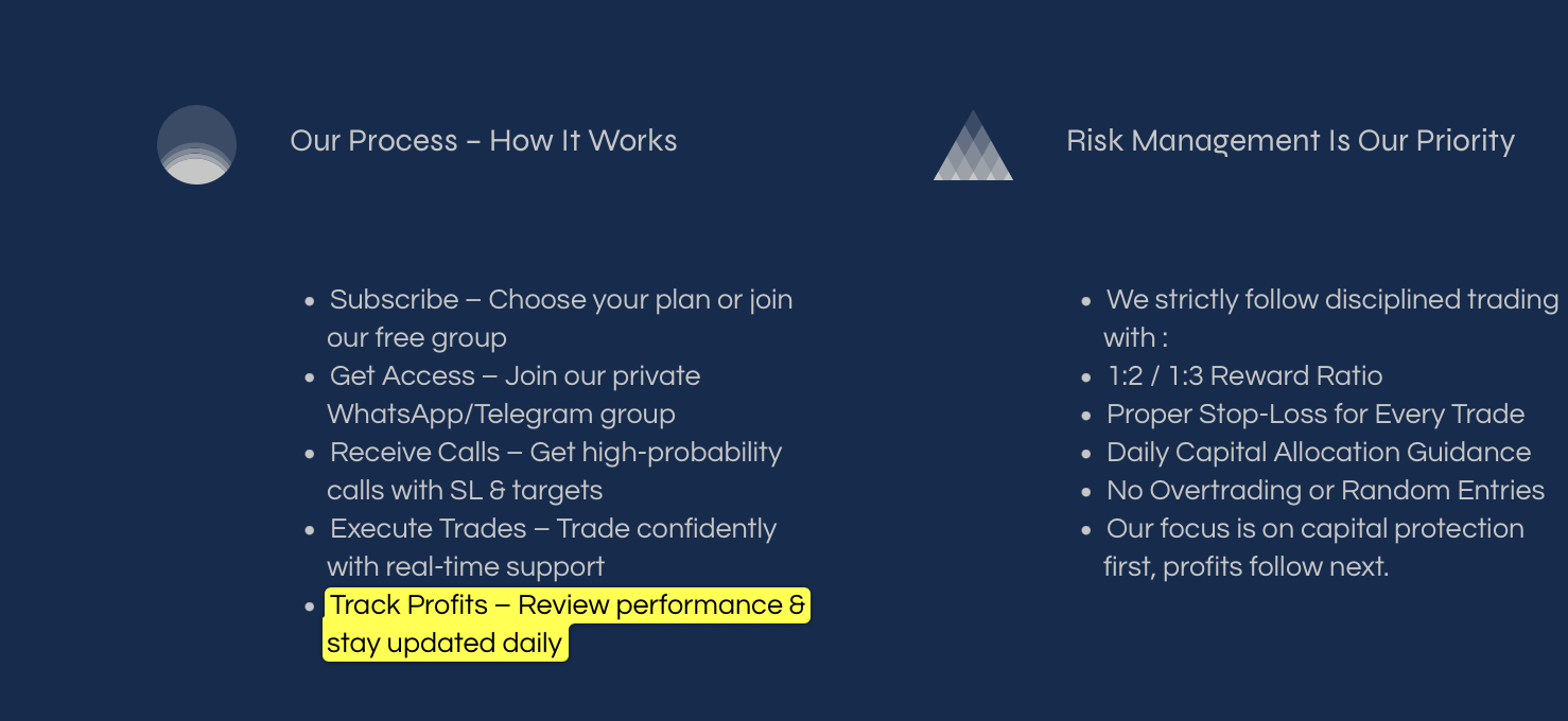 Financial Sarthis Process Section with highlighted profit tracking text.