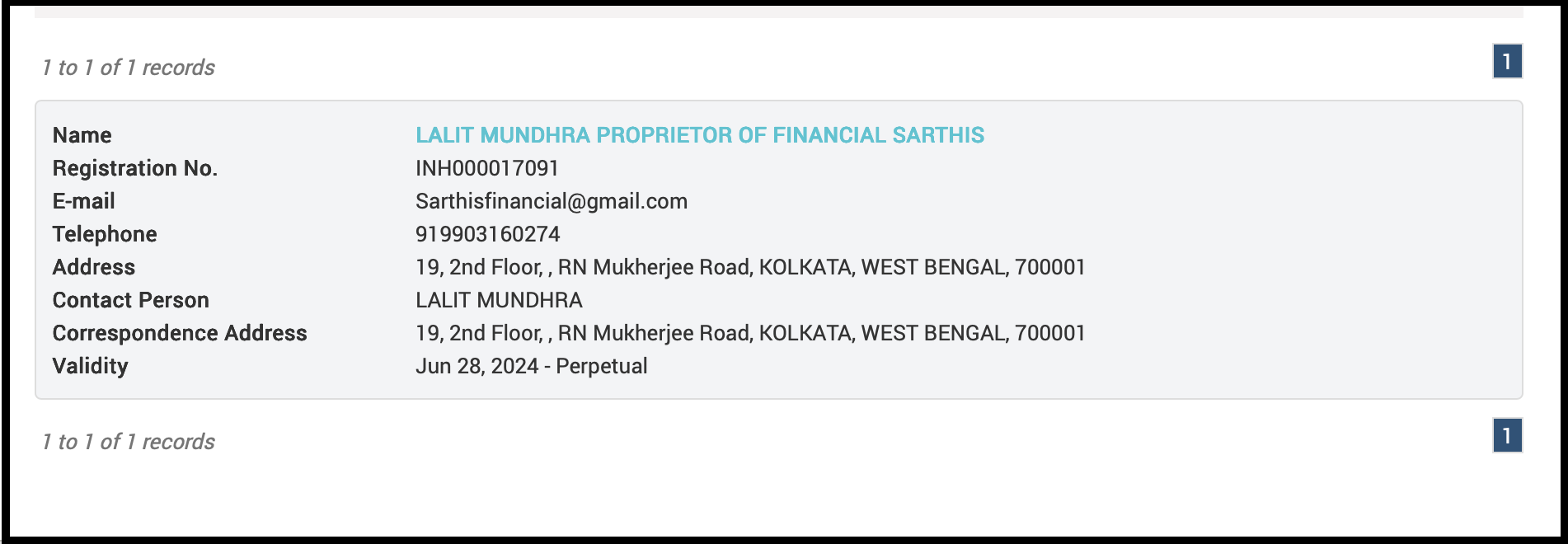 SEBI registration record for Lalit Mundhra (Financial Sarthis)