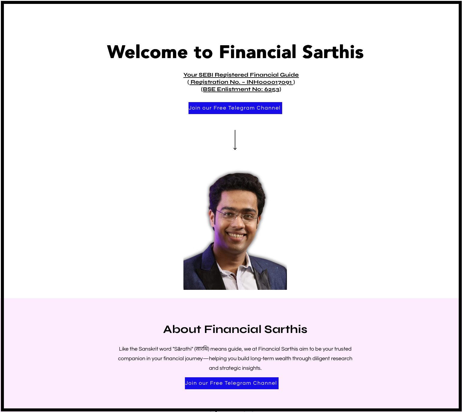 Welcome and About Sections on Financial Sarthis Telegram