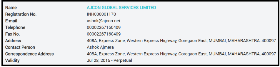 SEBI Research Analyst registration record for Ajcon Global Services Limited