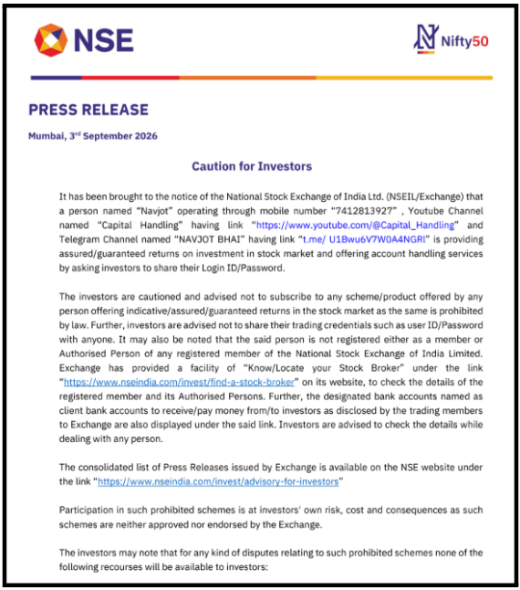 NSE caution notice describing Capital Handling's guaranteed-return and account-handling activity