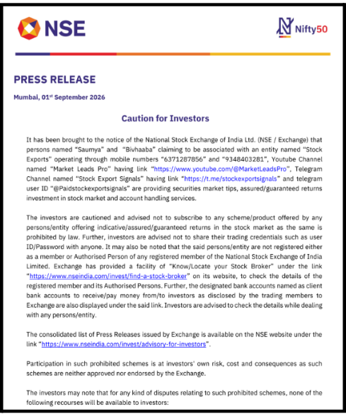 NSE caution notice naming two individuals behind the Stock Exports operation