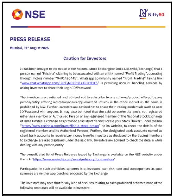 NSE Caution Notice Against Krishna and Profit Trading