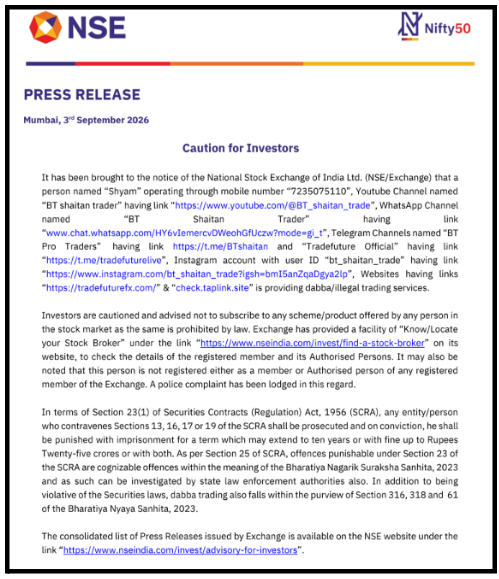 NSE caution notice naming BT Shaitan Trader, Shyam, and associated multi-channel dabba trading network.