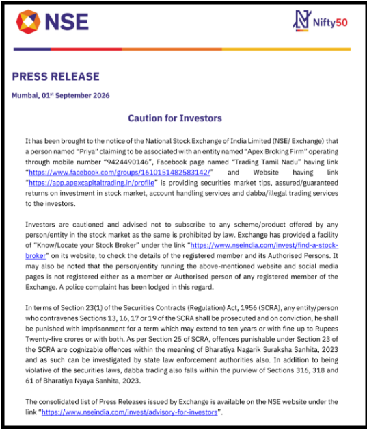 NSE caution notice warning against Apex Broking Firm and Priya.
