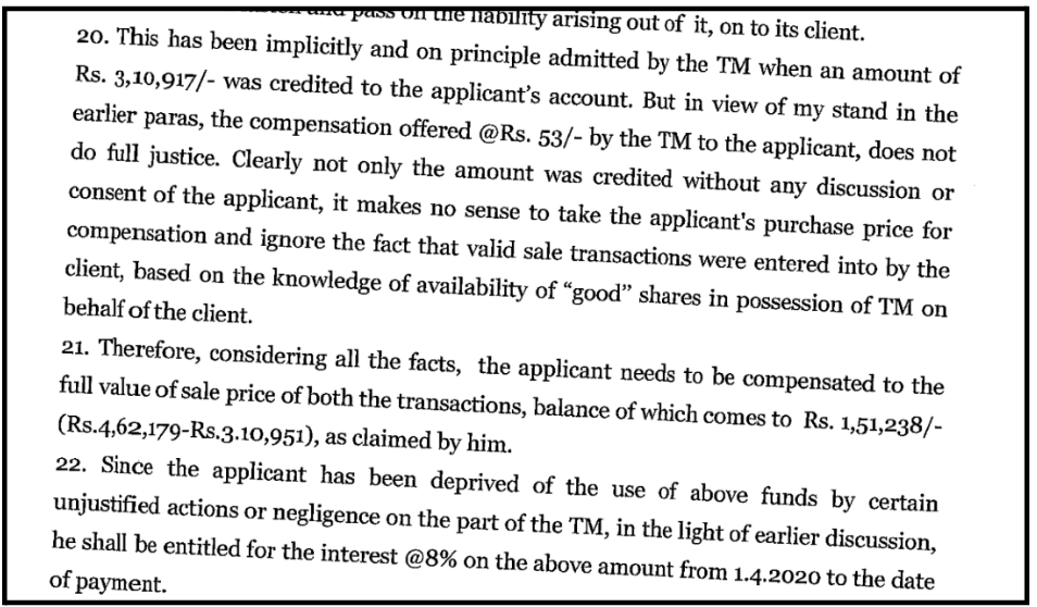 NSE arbitration award excerpt showing compensation order of Rs 1,51,238 plus 8 percent interest against Angel One