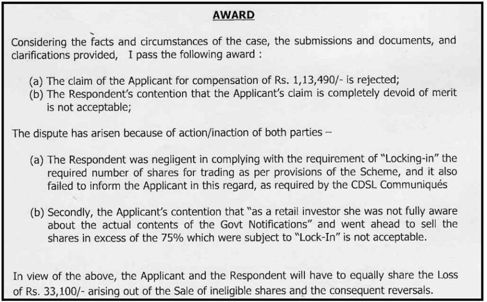 NSE arbitration award document detailing Yes Bank lock-in dispute between applicant and Angel One