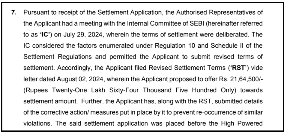 SEBI settlement order snippet showing Paragraph 7 detailing Angel One's revised settlement terms offering ₹21,64,500 and corrective measures.