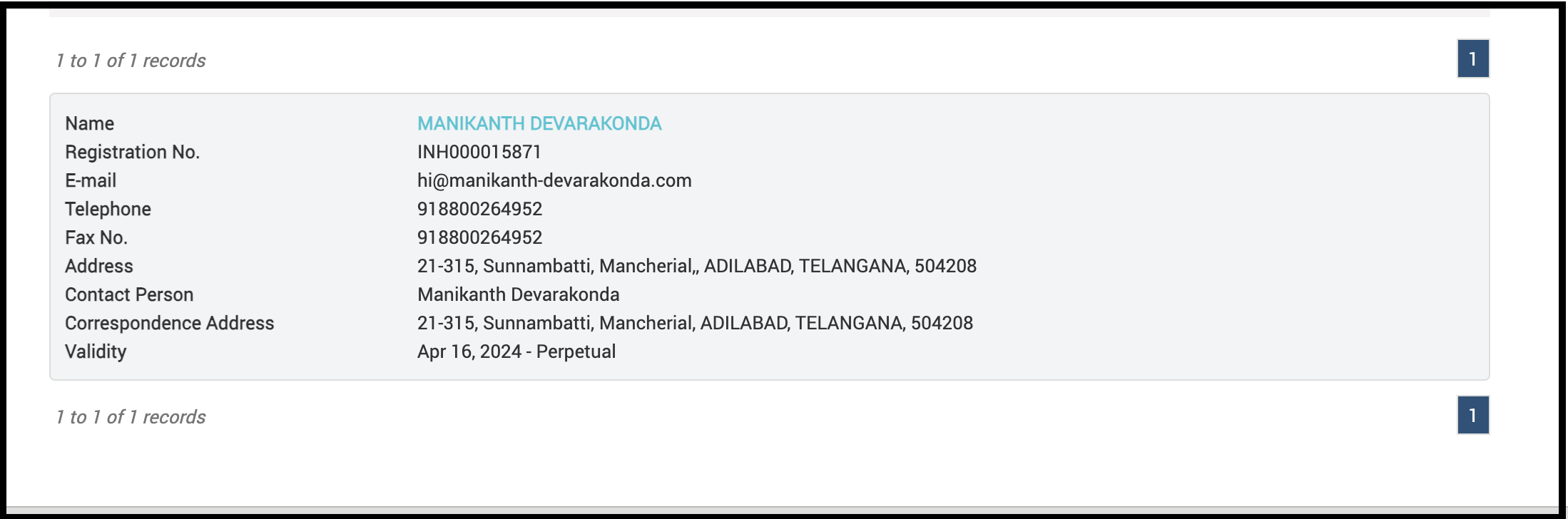 SEBI registration record for Research Analyst Manikanth Devarakonda