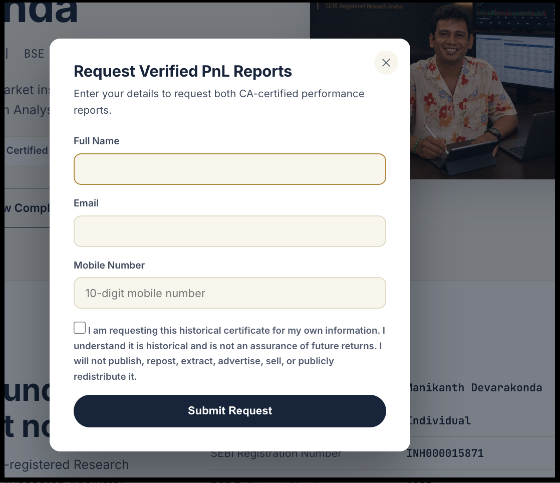 Verified PnL Reports Form on Manikanth Devarakonda Website