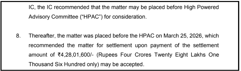 SEBI order snippet showing HPAC recommendation of ₹4,28,01,600 settlement amount for Angel One.