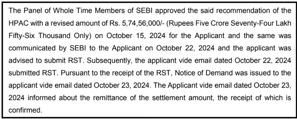 SEBI order panel excerpt approving ₹5,74,56,000 settlement for Angel One broker regulations order.