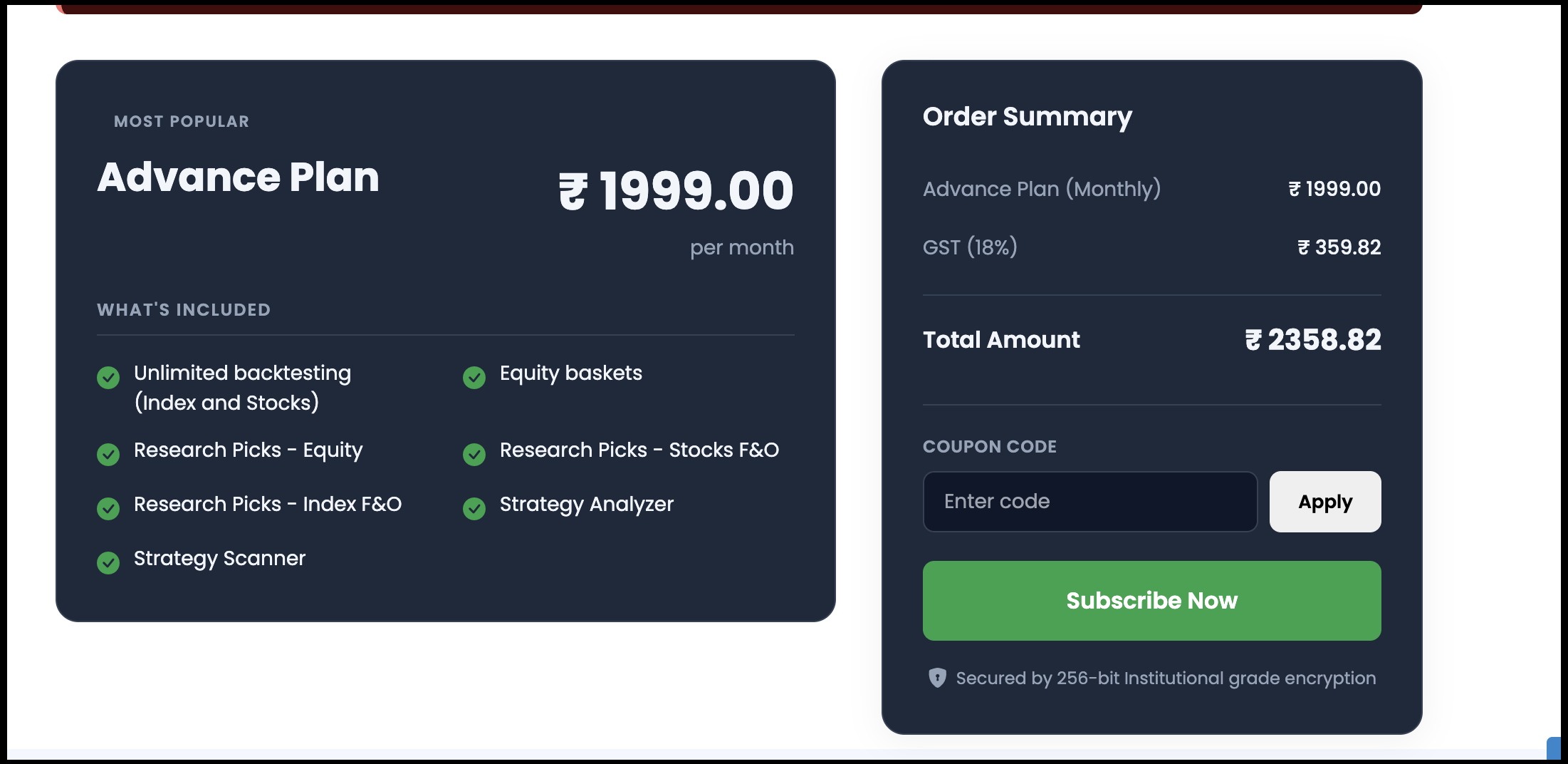 Modern Algos Advance Plan checkout page