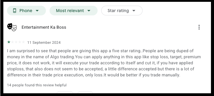 Google Play Store review by "Entertainment Ka Boss" dated September 11, 2024, criticizing Modern Algos app ratings, execution errors, and stop-loss failures.