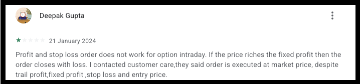 Review detailing profit/stop-loss order execution issues during intraday options trading.