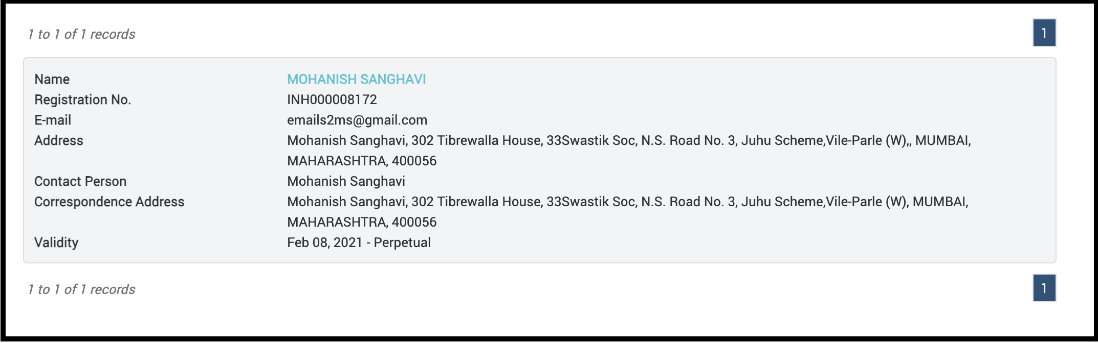 SEBI Research Analyst registration details for Mohanish Sanghavi