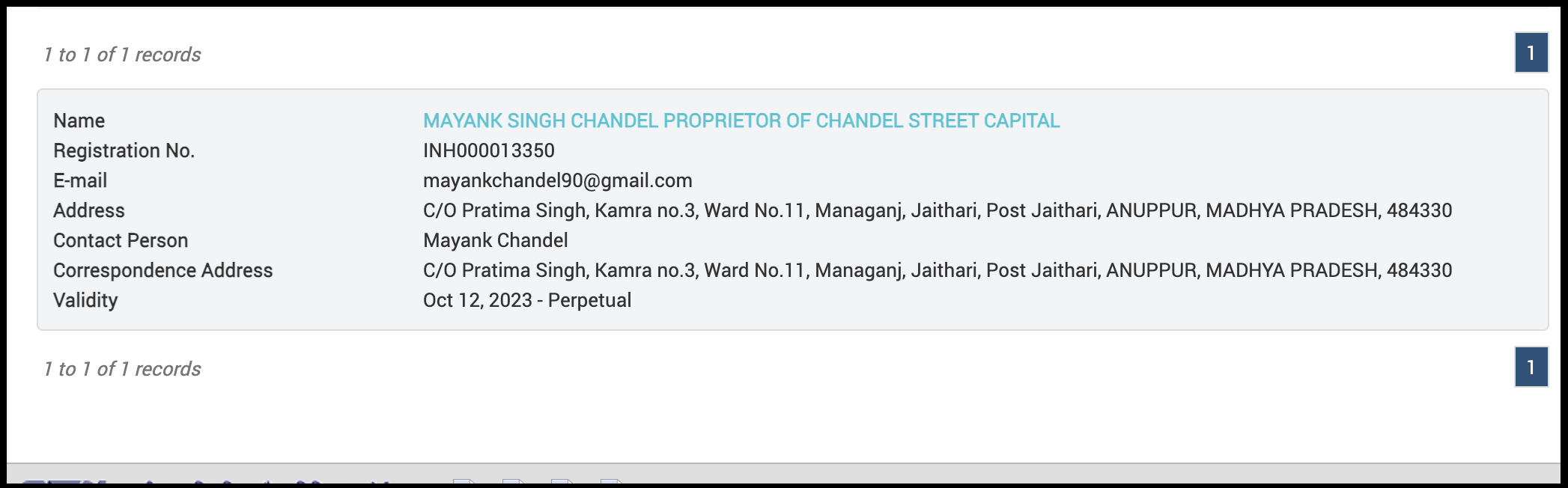 SEBI registration record for Mayank Singh Chandel (Chandel Street Capital)