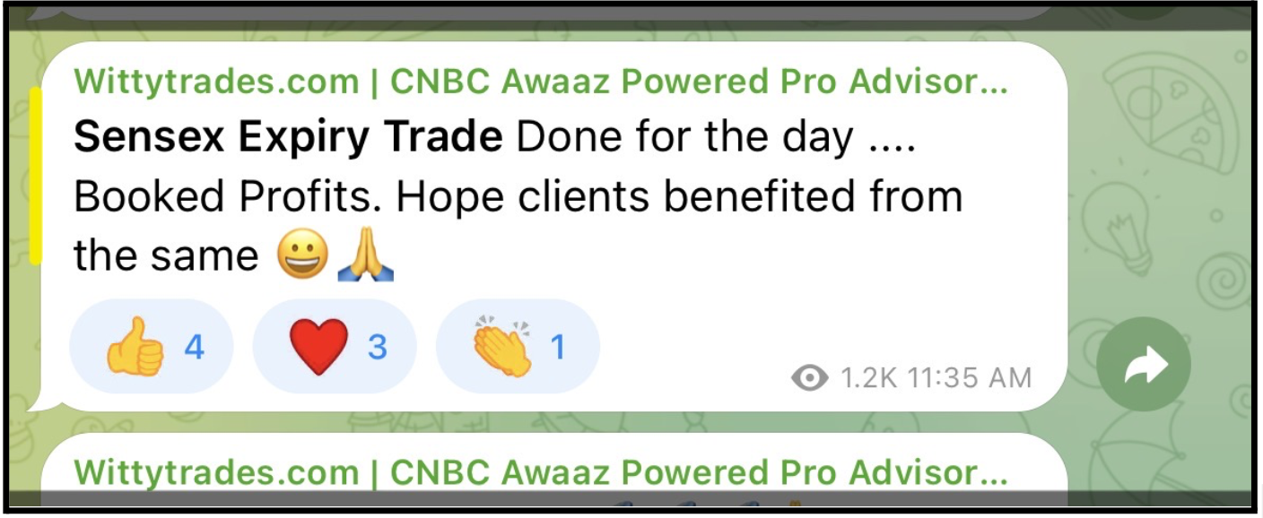 Telegram post from Witty Trades claiming booked profits