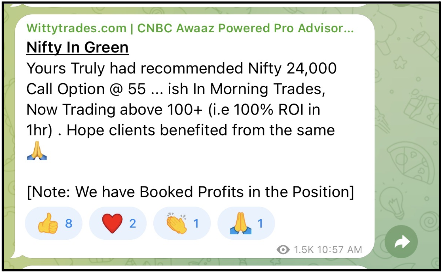 Telegram post from Witty Trades claiming 100 percent ROI