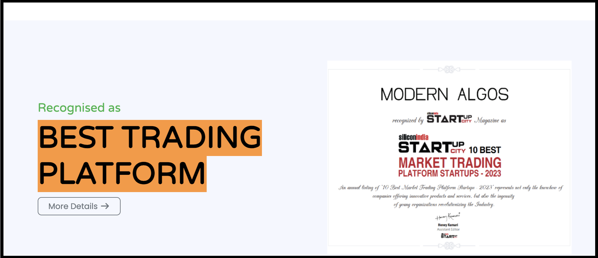 "Best Trading Platform" award badge displayed on Modern Algos' website