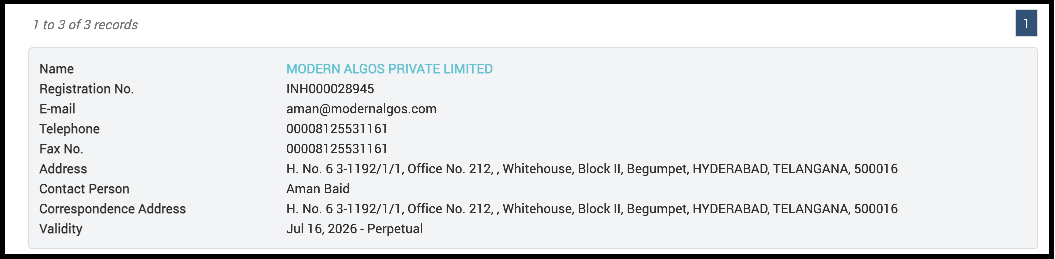 SEBI Research Analyst registration details for Modern Algos Private Limited