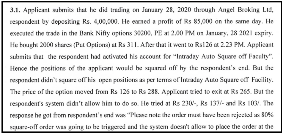 Excerpt of an NSE arbitration order detailing a client's claim against Angel Broking regarding an Intraday Auto Square Off malfunction