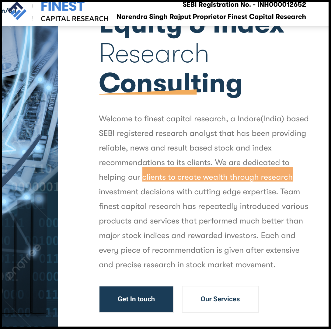 Website homepage overview featuring SEBI registration details and service claims.