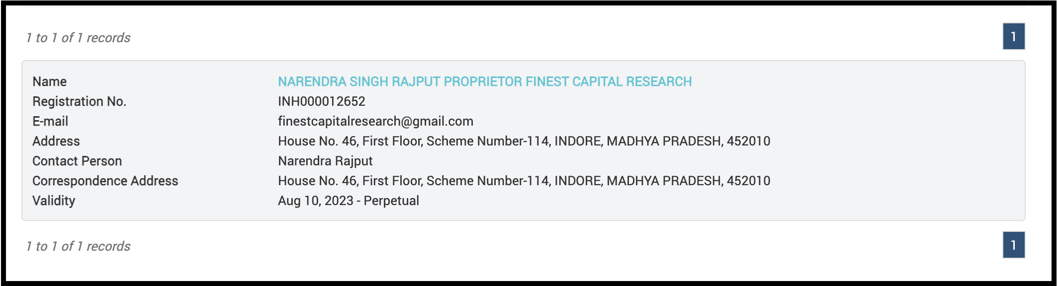 SEBI registration details for Narendra Singh Rajput