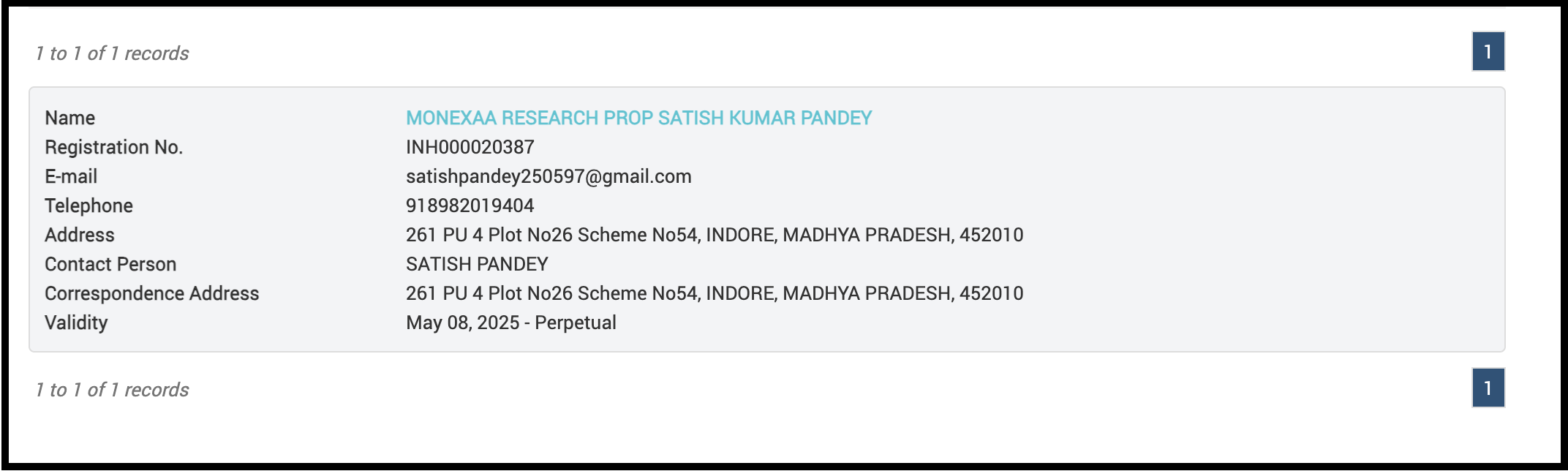 SEBI Research Analyst registration record for Monexaa Research (Proprietor: Satish Kumar Pandey)