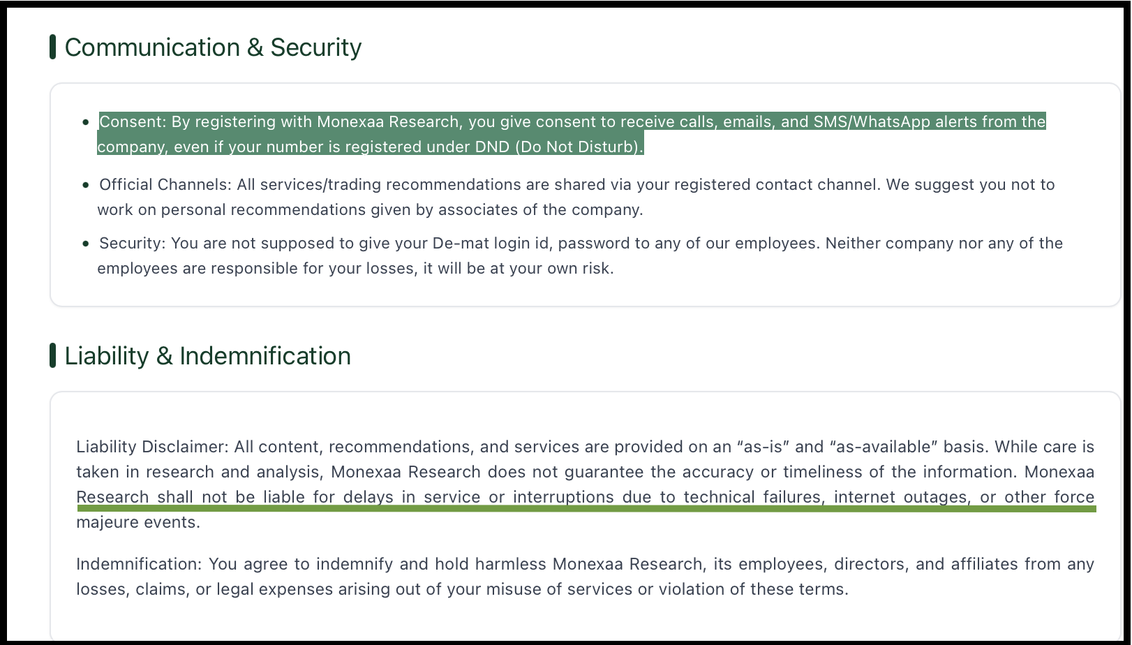 Monexaa Research's website terms outlining communication consent