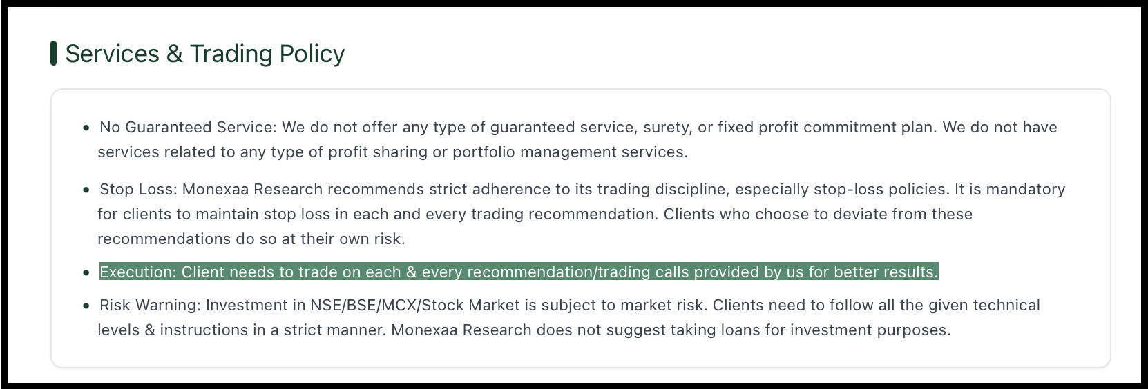 Monexaa Research's "Services & Trading Policy" clause on its website