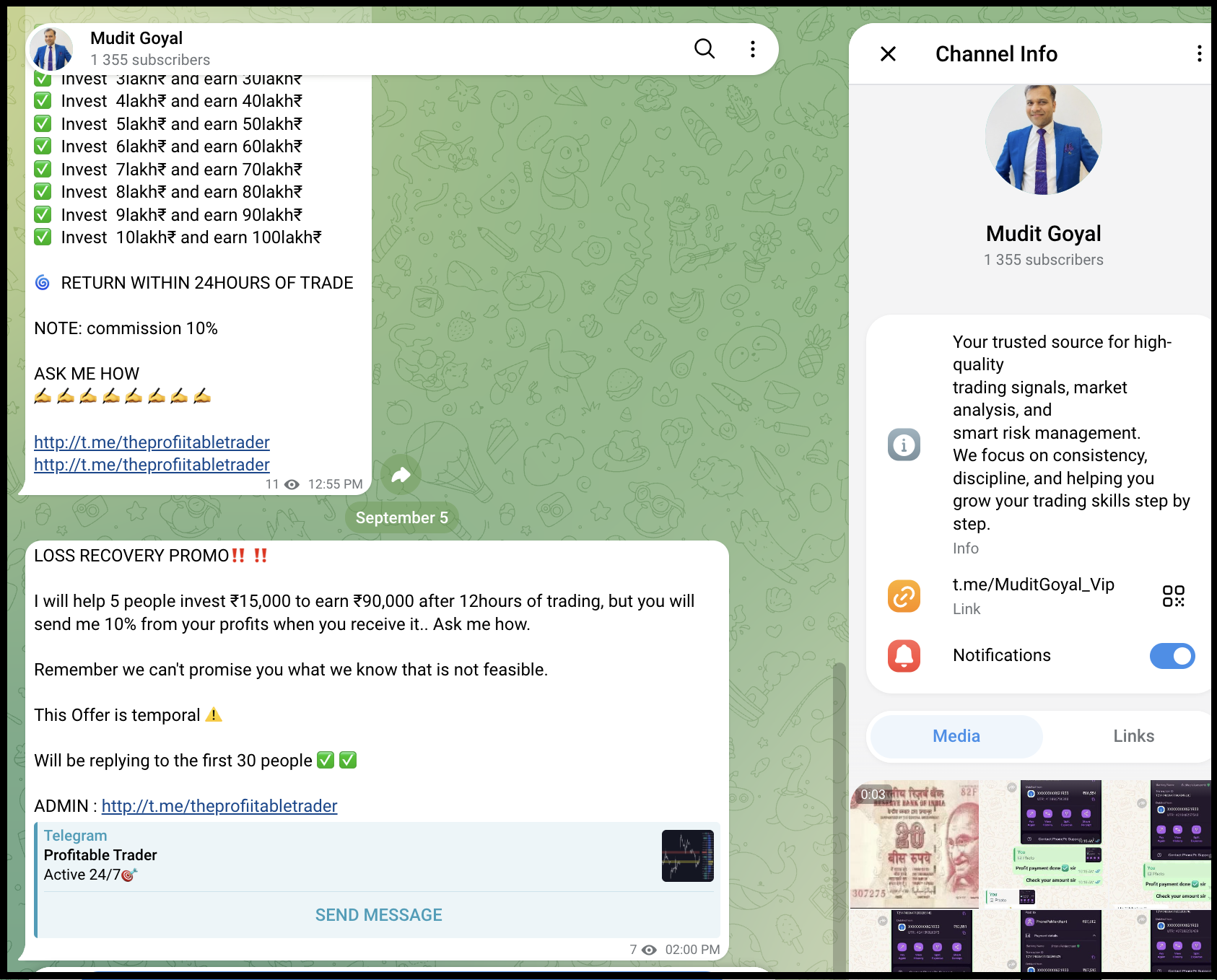 Telegram channel Mudit Goyal showing posts with high-return tables & loss recovery claims