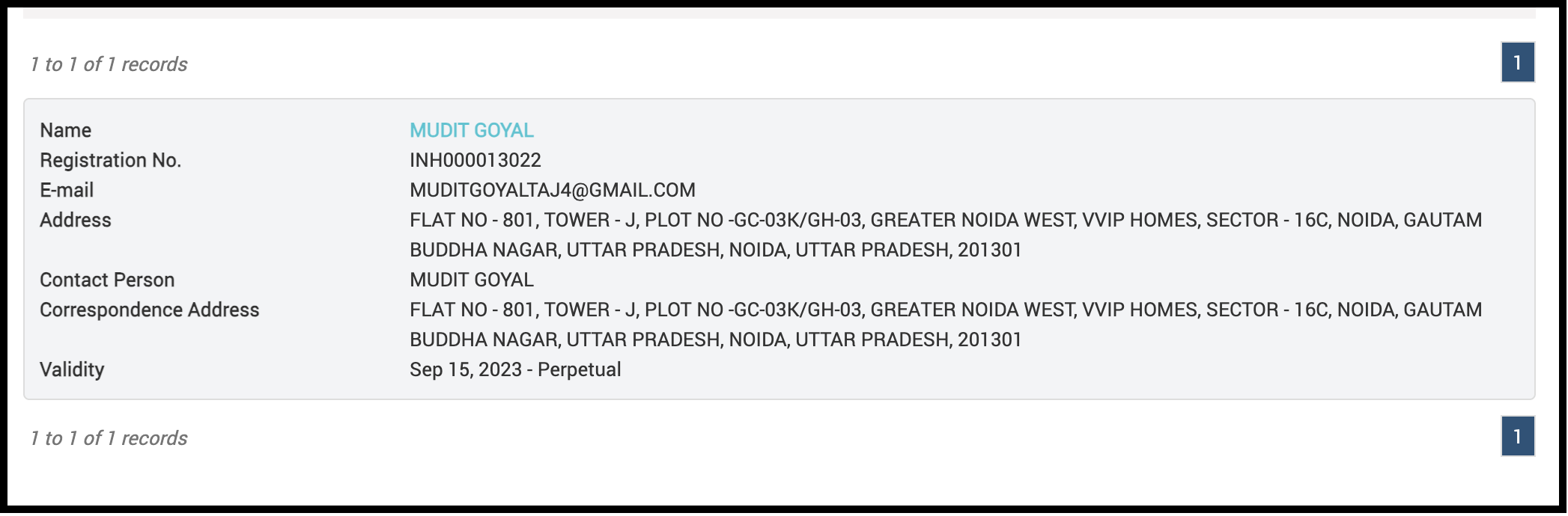 SEBI registration details page for Mudit Goyal