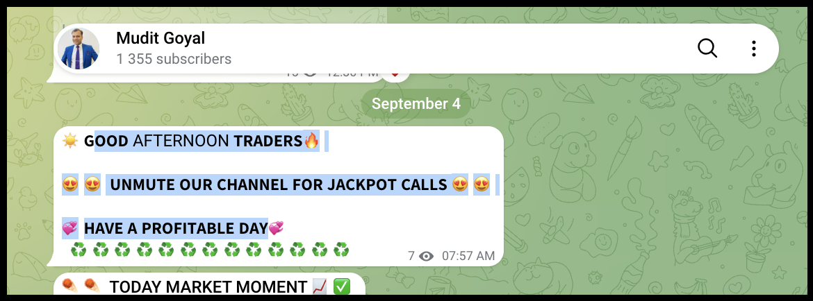 Promotional messages posted in Mudit Goyal Telegram channel