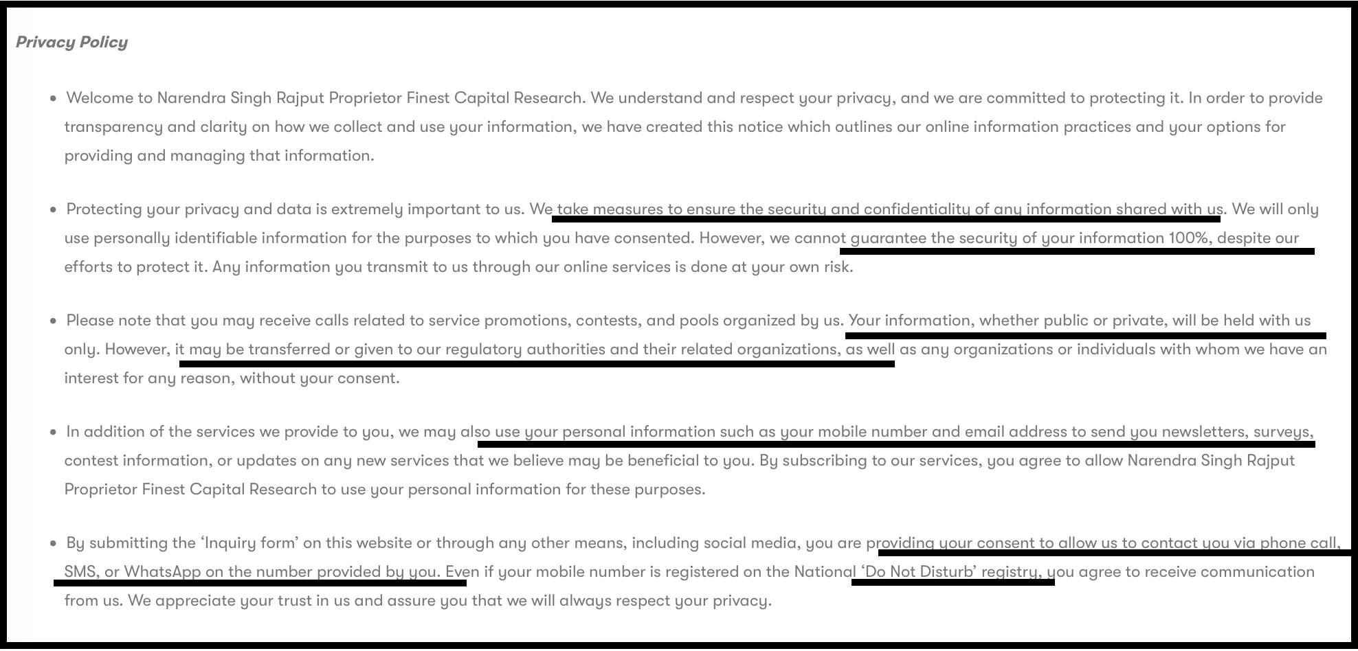 Privacy Policy page for Finest Capital Research with key data-sharing clauses 