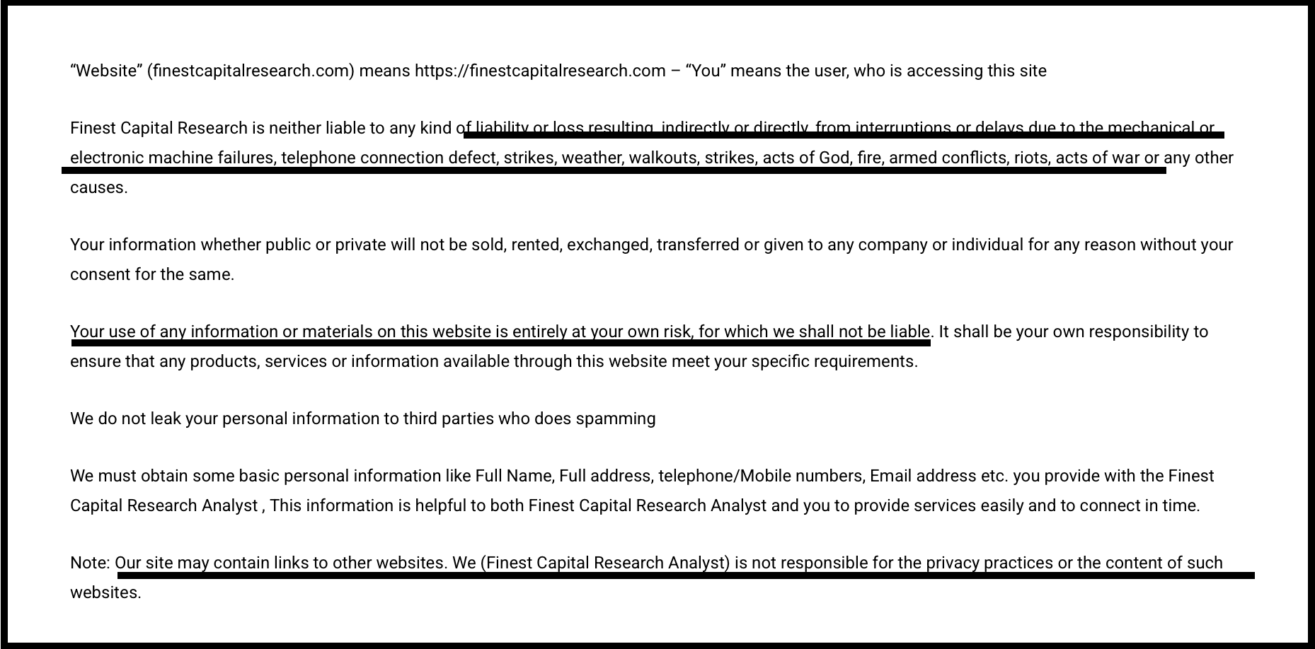 Finest Capital Research highlighting clauses regarding limitation of liability