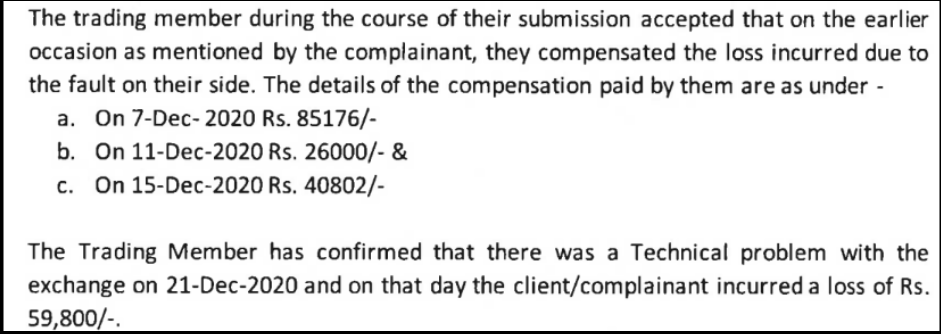 NSE arbitration award detailing Angel One's prior compensation for technical glitches