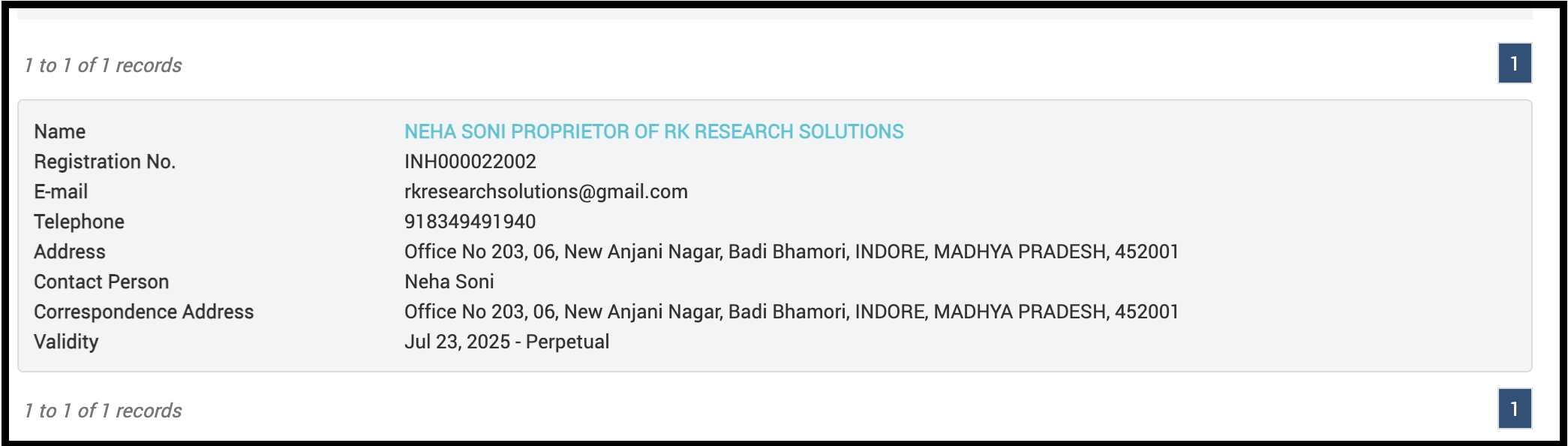SEBI registration details of Neha Soni, proprietor of RK Research Solutions
