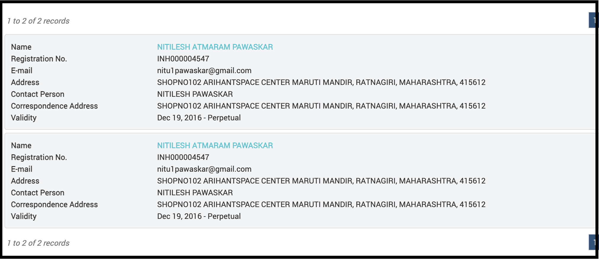 SEBI Research Analyst registration details for Nitilesh Atmaram Pawaskar